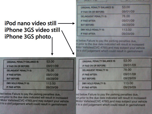 Graph: The dormant picture that Nano video derives (upper part) , the dormant picture that IPhone 3GS video derives (right below) and place of function of IPhone 3GS camera takes a picture (left below)