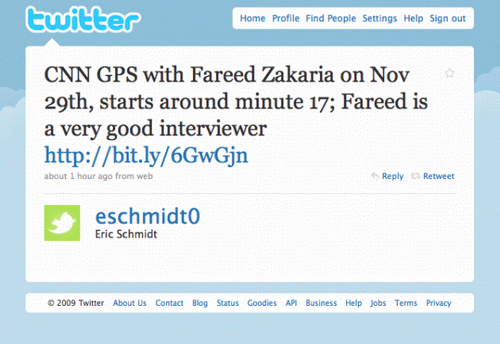 谷歌CEO埃里克&middot;施密特(Eric Schmidt)的第一条Twitter消息是推销自己接受的CNN专访链接
