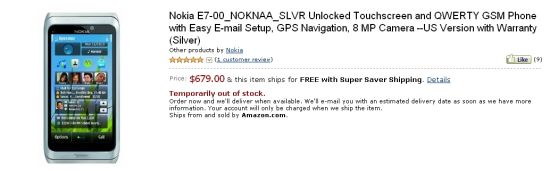 亚马逊开售诺基亚E7价格679美元