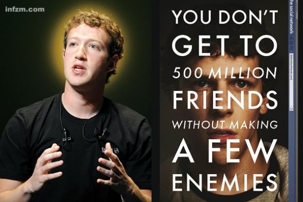 左为“宛如耶稣”的马克·扎克伯格，右为《社交网络》海报，海报上的文字说，“交友五亿，难免树敌若干”。《时代》周刊将其评选为年度人物，理由是：连接了五亿人，改变了我们的生活方式。 (CFP/图)