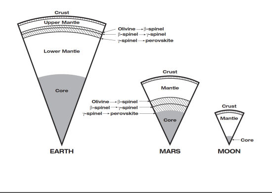 火星的基本内部结构和地球以及其它类地行星相同。其核区内部压强和地球上地幔深度处相当，其内核占总质量的比例也大致和地球相同。相比之下，月球即便是在核心处，其压强大小也仅仅相当于地球地壳以下浅处的压强值，并且月核也非常小，几乎可以忽略不计。火星的大小说明它和地球一样，在其形成早期同样曾经经历过大规模的物质分异和结晶作用过程