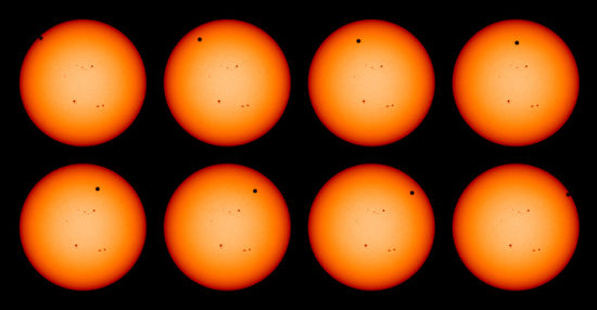 系列照片是美国宇航局的太阳动态观测卫星(SDO)于世界时间6月5日21:00至6月6日 6:00之间从不同角度拍摄的。从这几幅照片中可以看到，在太阳面向地球的一面的中央也有几个太阳黑子。