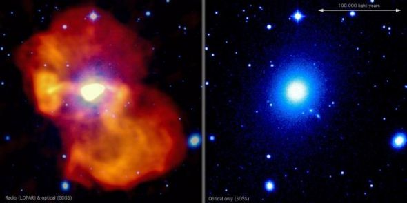 这张假彩色图像展示的便是M87星系。图像中右侧为可见光波段观测结果，数据源自SDSS项目，左侧则是射电波段观测结果，数据源自LOFAR。可以看到，在中央位置上射电辐射的亮度非常高，显示这里便是驱动喷流的黑洞所在位置