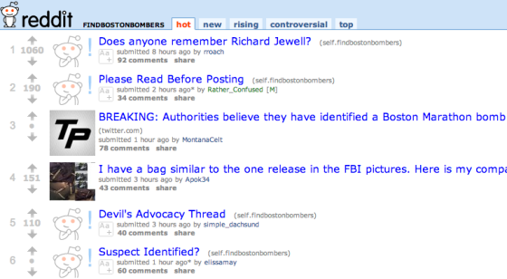 美国热门网络社区Reddit创建了一个名为“FINDBOSTONBOMBERS”的讨论区，分享各种有关爆炸案的信息