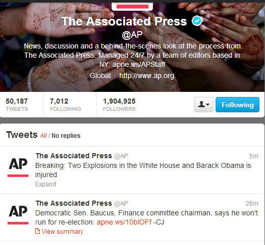 本周二，美联社官方Twitter账号被黑，并发消息称奥巴马受伤