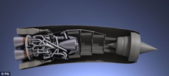 艺术概念图，展示了英国研制的“佩刀”（Sabre）发动机。“Sabre”是协同吸气式火箭发动机的英文首字母缩写。这种发动机能够让现有飞机的速度达到5马赫，可用于将宇航员送入太空
