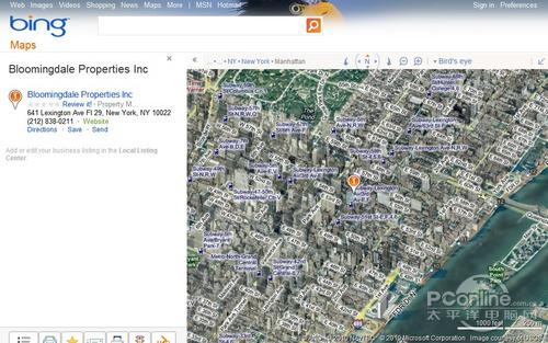 地图显示是美国纽约,从图中可以看到bing地图上的美国地图很完善