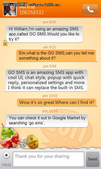 聊天式会话界面 Android手机应用GO短信_软件