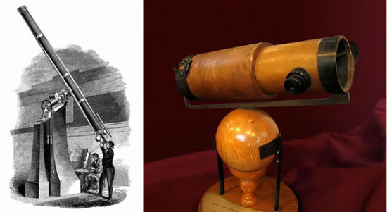 左：1848年建成的辛辛那提天文台折射望远镜 右：牛顿第一架6英寸望远镜的复制品