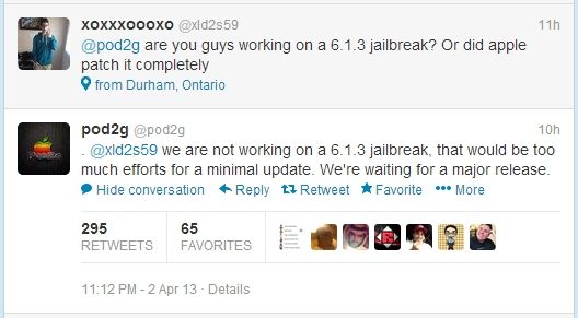pod2g在Twitter明确表示将不会在iOS 6.1.3上浪费时间