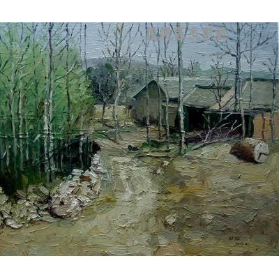 田恒《山村人家》油画 （图片来源：博宝宝珍商城）