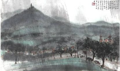 Lot 384傅抱石 返布拉格途中雨景 设色纸本 镜心 27.5×47cm Lot 384傅抱石 返布拉格途中雨景 设色纸本 镜心 27.5×47cm