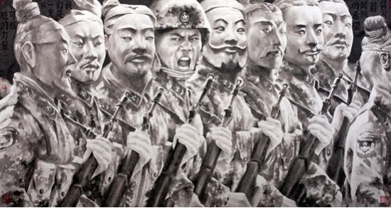 我们是一支不可战胜的力量 (水墨宣纸, 横轴, 91x171cm, 2012年) 我们是一支不可战胜的力量 (水墨宣纸, 横轴, 91x171cm, 2012年)