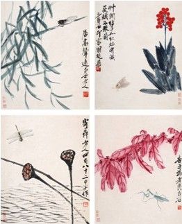 齐白石 花卉草虫册页 35.3×28.2cm×4 约0.9平尺 齐白石 花卉草虫册页 35.3×28.2cm×4 约0.9平尺