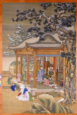 此图描绘的是宫廷嫔妃在春天里消磨时光的行乐图,为典型的"院画"风格.