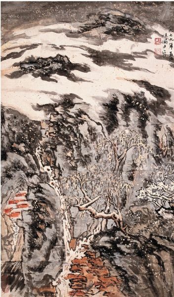 圖4 陸儼少偽作(該畫印製於某拍賣行拍賣圖錄封面) 图4 陆俨少伪作 (该画印制于某拍卖行拍卖图录封面)