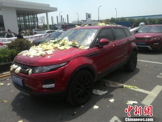 车主将白菜和鸡蛋砸到路虎车上,表示难以接受该车。 谷华 摄