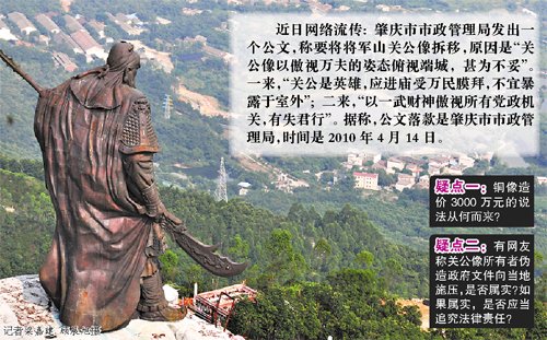 广东肇庆否认因风水拆除巨型关公像 称其系违建