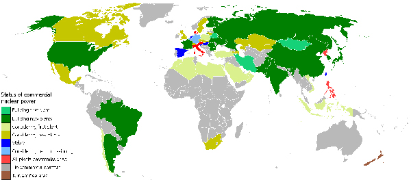 世界商用核电站分布图(截至2009年5月 来源:欧洲核协会