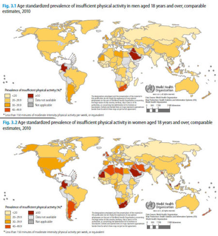 成年男性（上图）和女性（下图）运动不足人口比例。世卫报告