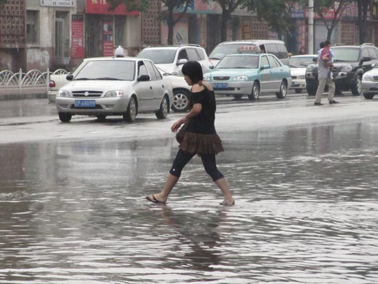 今日凌晨降雨侵袭葫芦岛市区多条街道积水(图)
