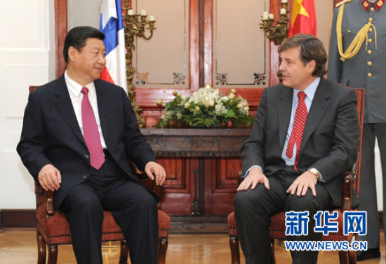 6月10日，正在智利访问的中国国家副主席习近平在国会大楼会见智利众议长梅莱罗。 新华社记者马占成摄