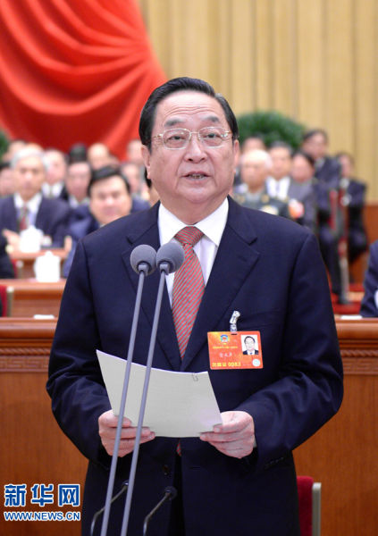 3月12日，全国政协十二届一次会议在北京人民大会堂举行闭幕大会。全国政协主席俞正声主持大会。 新华社记者 李学仁 摄