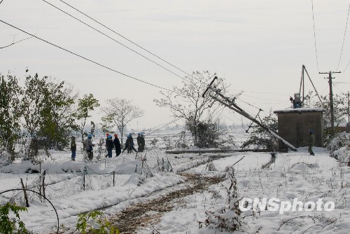 组图:安徽滁州雪灾损毁电力线路