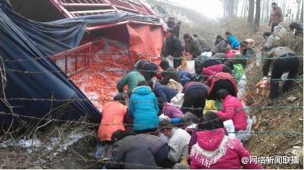河南一货车侧翻19吨胡萝卜散落引百余人哄抢(图)