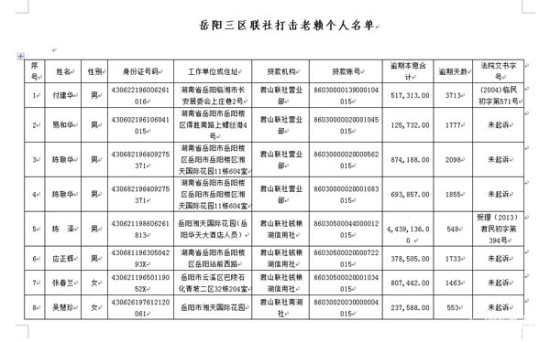 岳阳公布29个老赖个人、老赖企业黑名单