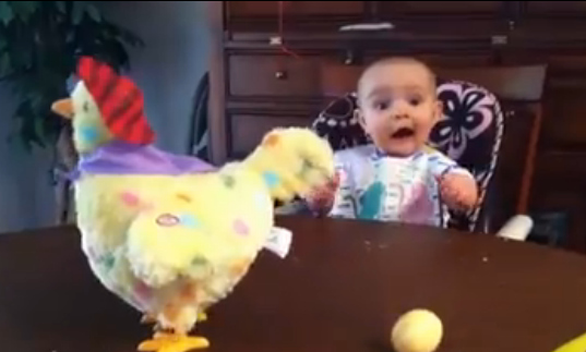 女婴目睹玩具母鸡下蛋 又惊又喜惹人爱(图)