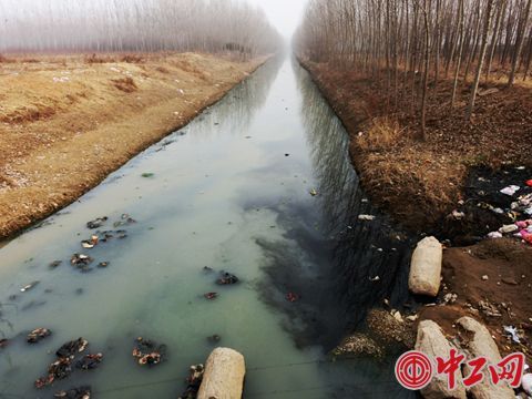 洙水河两岸千疮百孔，排污管道数不胜数。图为郑州路山东万事孔子酒业北侧洙水河两岸多个排污口排出浓稠黑水。