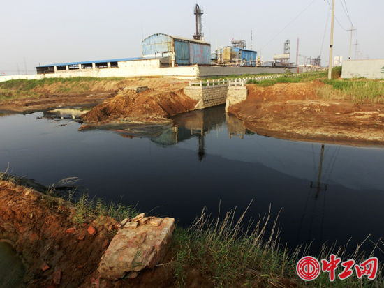 侨昌化学Ｃ一04号厂房对面，发现有两个排污口通向秦台河：排放污水东岸口为黑色、西岸口灰色，区别明显。
