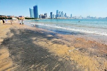 9月4日，山东青岛第三海水浴场的沙滩上出现大片黑色物体，市民怀疑与康菲溢油事故有关。 图/CFP
