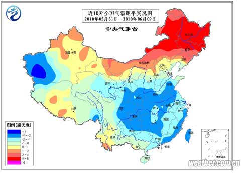 近10天全国气温距平实况图