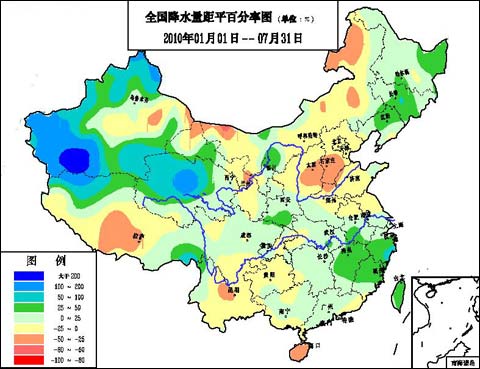 图22010年1月1日至7月31日全国降水量距平百分率分布)