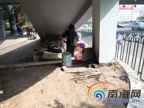 海口海秀东路:天桥底下成流浪汉的"家"