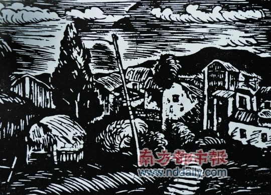 陈烟桥木刻作品《风景》,表现田园农庄的即景.