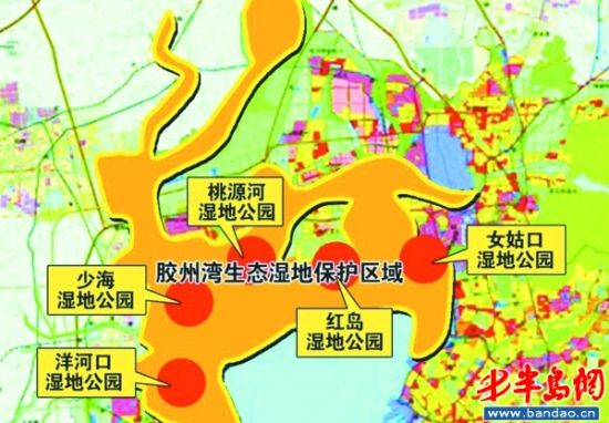胶州湾湿地示意图。 半岛都市报5月17日讯(记者 周晓荷) 青岛湿地都有哪些类型,面积分别有多少,有哪些动植物在这里生长、繁衍?这些问题,很快就能找到最新的答案。5月17日,记者从市林业局野保站了解到,伴随着5月18日全市湿地资源普查现场培训会议的召开,2012青岛湿地资源普查正式开始外业调查。在接下来的四五个月,上百名基层林业工作者将手持GPS等工具,按照高尖技术制成的湿地斑块分布图的指引,奔赴大小湖泊、河流湿地,调查结果将全部录入数据库。其中,青岛有四大湿地列入重点调查范围。 本市上次对