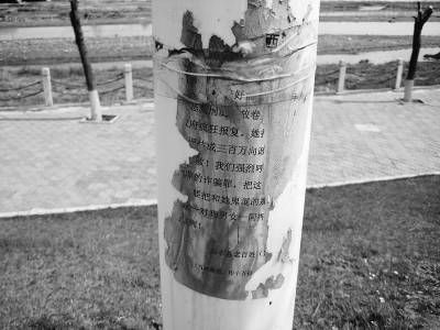 西丰县城边的寇河公园沿途的路灯杆上，仍贴有谩骂赵俊苹的传单。本报记者 王晨 摄