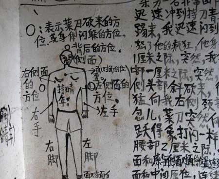 组图：乞丐在废弃房屋墙上写武侠小说