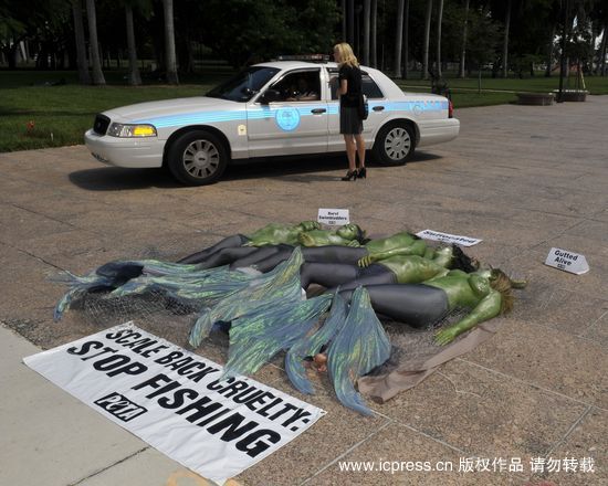 动物保护者半裸扮演美人鱼抗议捕杀鱼类(组图)