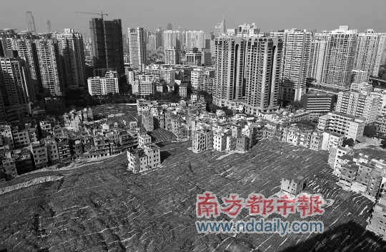 12月2日，广州杨箕，拆迁后的废墟被铺上绿网。 南都记者 冯宙锋 摄