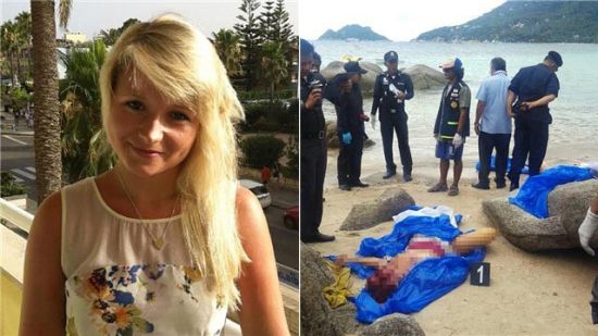 泰国警方在旅游胜地龟岛(又译涛岛)发现两名英国游客遭杀害身亡。图为被杀女子生前照及事发现场照片。