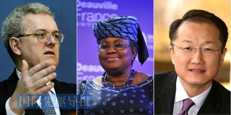 世界银行新行长之争呈“三足鼎立”之势：奥坎波（左），奥孔乔－伊韦拉（中）、金辰勇（右）。来源：本报资料图