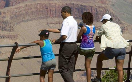 Barack Obama's work-hard, play-hard tour mixes trips to some of America's most majestic beauty spots with the serious business of thwarting Republican attacks on his health care plan