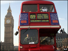 A Routemaster bus passing Big Ben