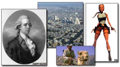 Composite image showing William Pitt, the modern city of Damascus, a Bedouin Arab and Lara Croft