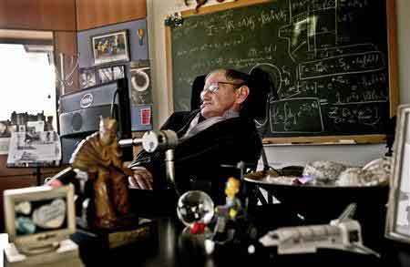 Physicist Stephen Hawking is seen in his office at the University of Cambridge in this photo handed out by the Science Museum and dated December 2011.