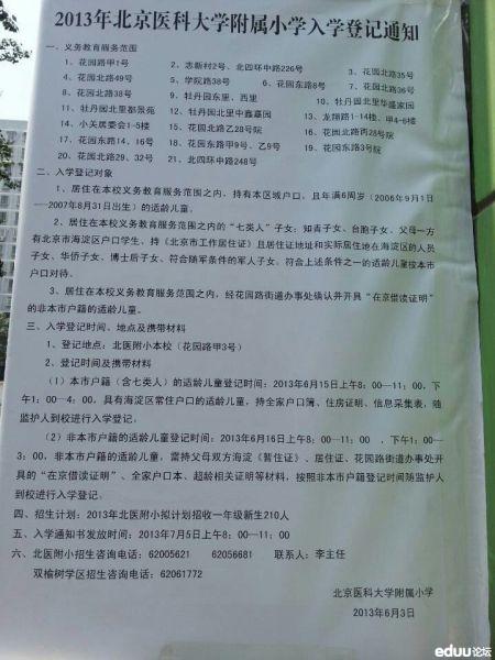 2013年北京医科大学附属小学入学登记通知